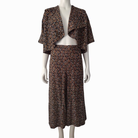 Vintage Brown Block Print 2 Piece Bolero Jacket and Culotte Pants Set Size L